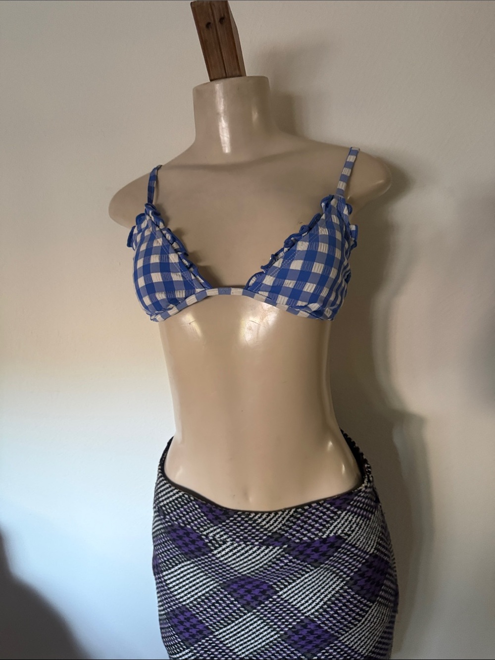 Blue and White Plaid Bikini Top w ruffles XS